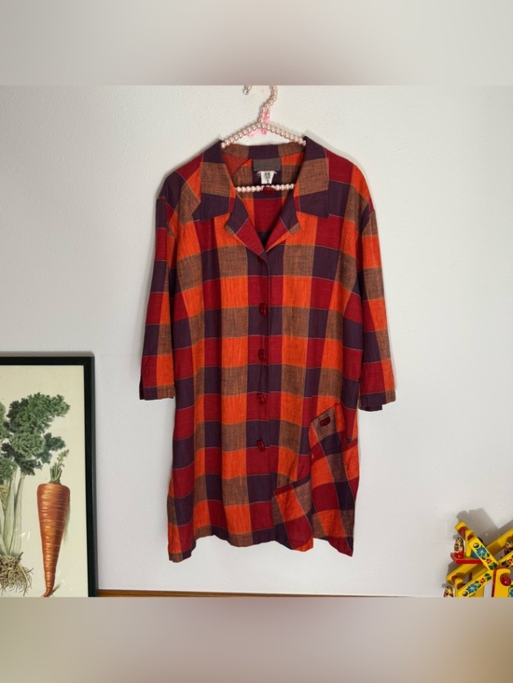 Sempre Piu Germany warm tone large plaid 3/4 top w/ rectangular buttons size 22
